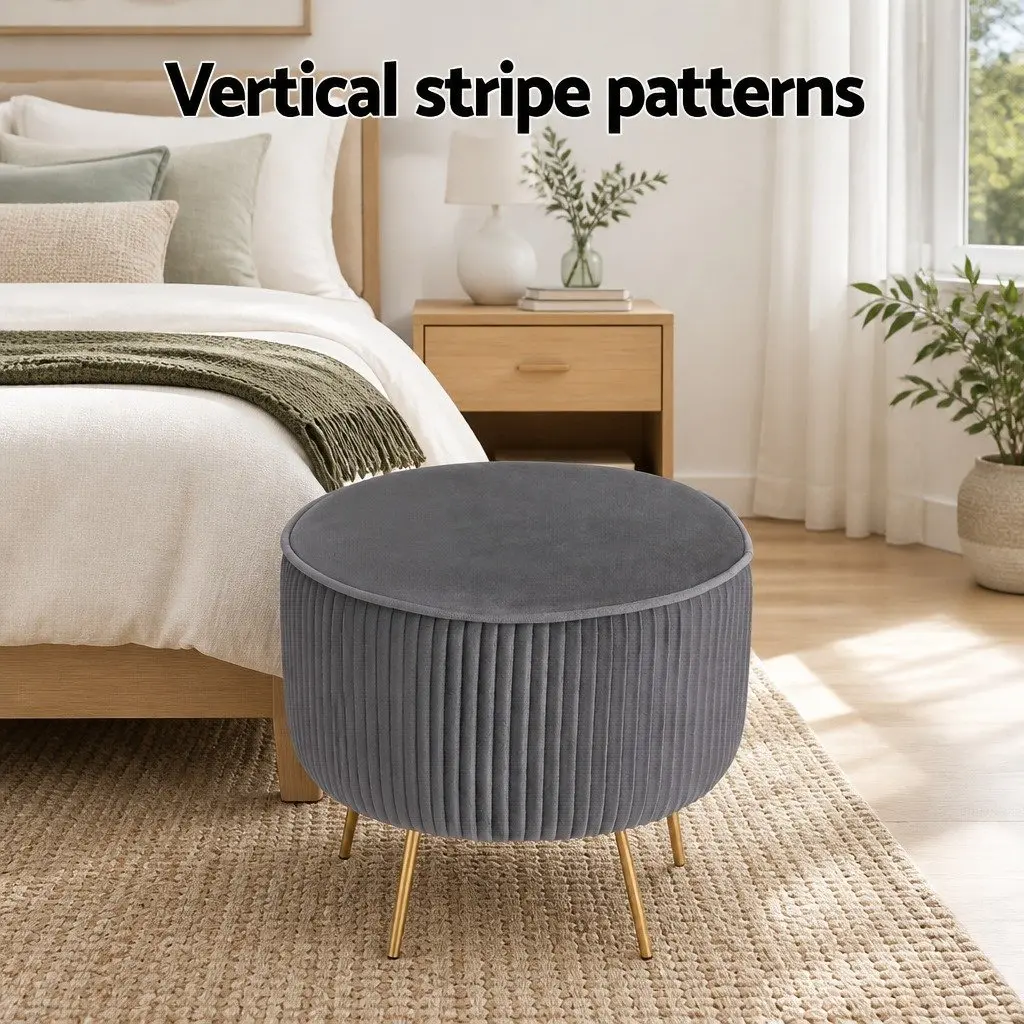 Round Ottoman Footstool Grey Velvet Vertical Stripe Metal Legs Assembly
