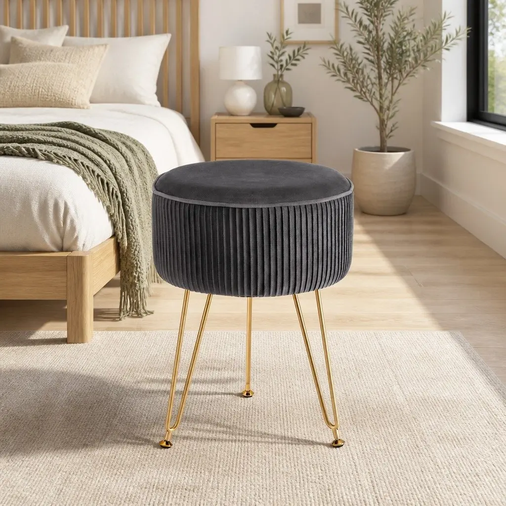 Round Ottoman Footstool Grey Velvet Vertical Stripe Metal Legs Assembly