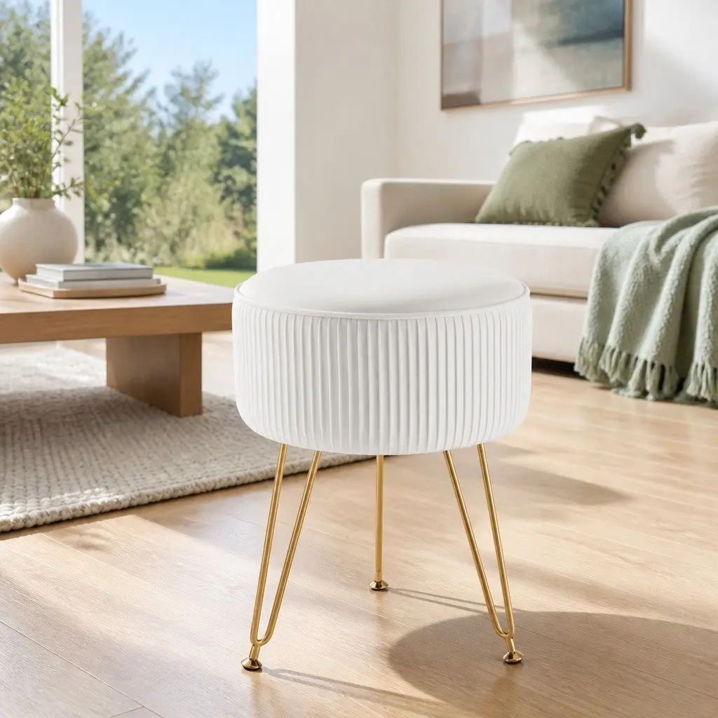 Round Ottoman Footstool Velvet Stripe Design White Living Room Seating