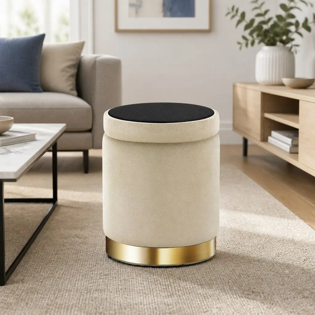 Round Cream Velvet Ottoman Footstool with Hidden Storage