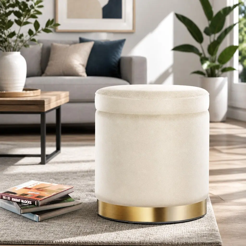 Round Ottoman Cream 40cm Storage Footstool Velvet Tufted Seat Living Room Furniture