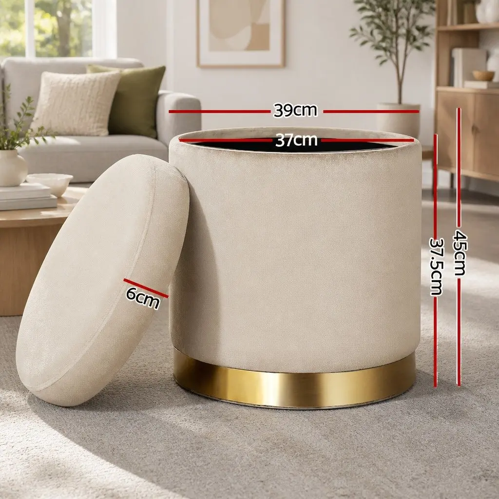 Round Ottoman Cream 40cm Storage Footstool Velvet Tufted Seat Living Room Furniture