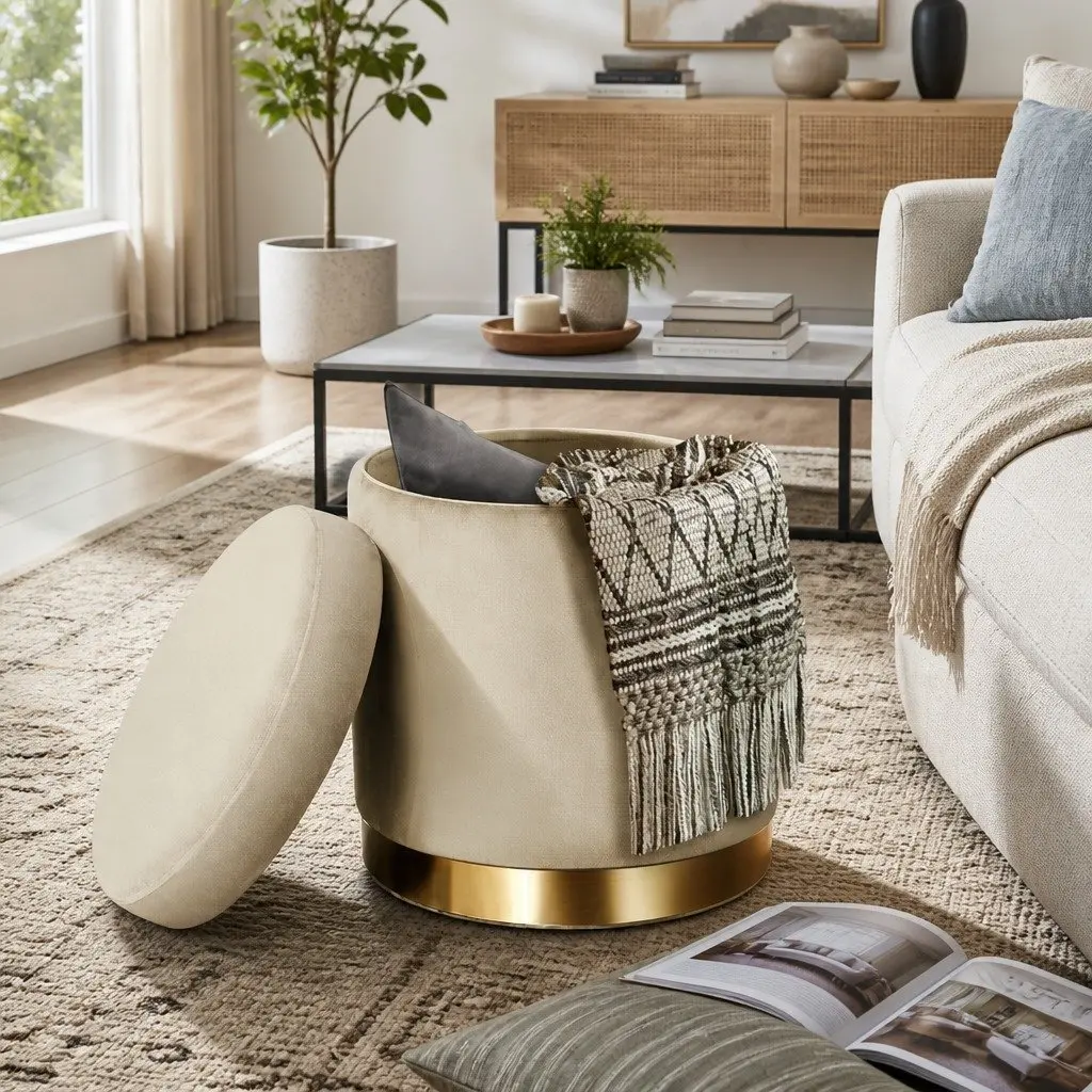 Round Ottoman Cream 40cm Storage Footstool Velvet Tufted Seat Living Room Furniture