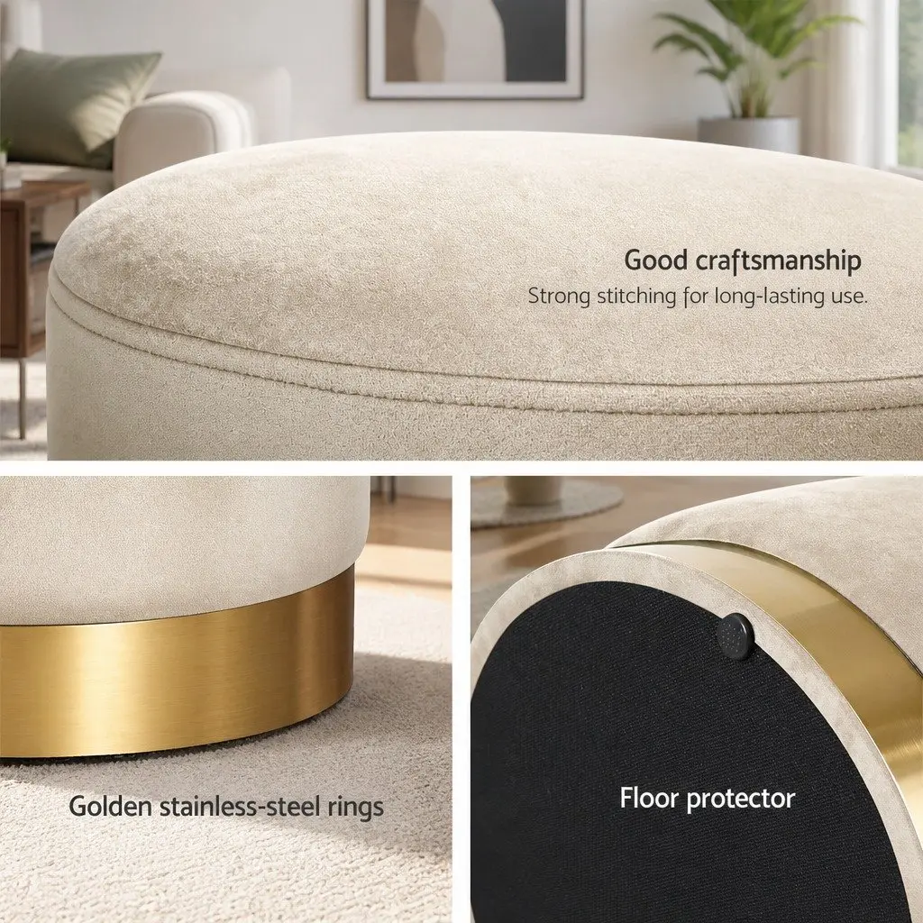 Round Ottoman Cream 40cm Storage Footstool Velvet Tufted Seat Living Room Furniture