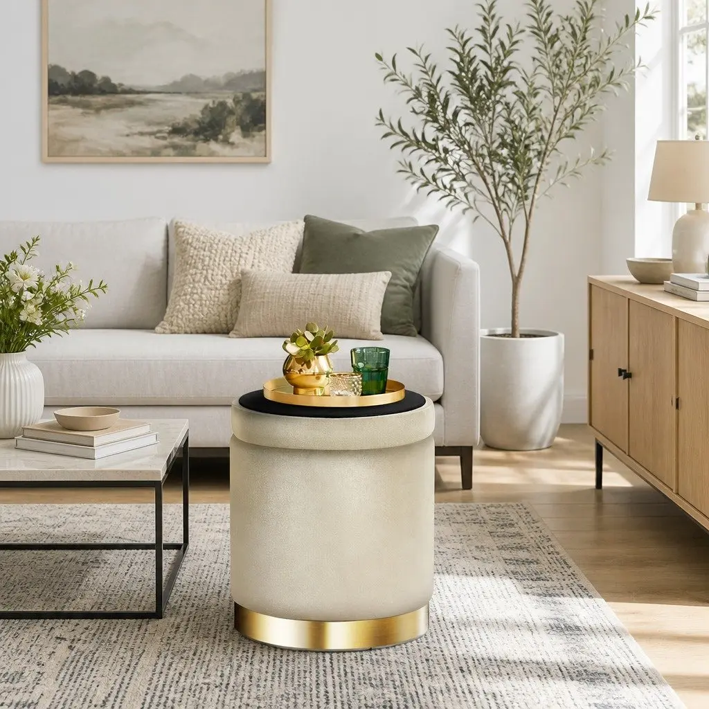 Round Ottoman Cream 40cm Storage Footstool Velvet Tufted Seat Living Room Furniture