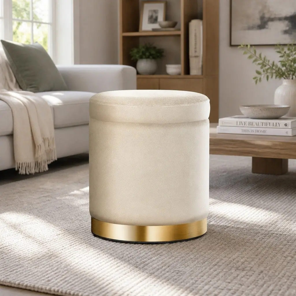 Round Ottoman Cream 40cm Storage Footstool Velvet Tufted Seat Living Room Furniture