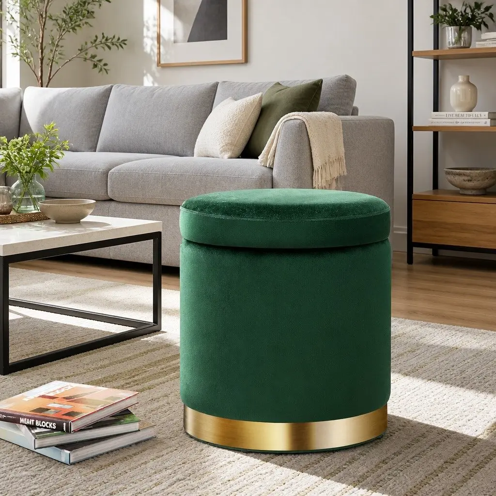 Ottoman Foot Stool Green Velvet Round Tufted Storage Seat 40cm W 40cm D 45cm H