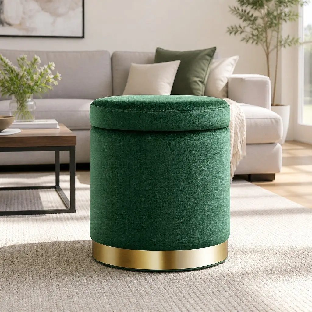 Ottoman Foot Stool Green Velvet Round Tufted Storage Seat 40cm W 40cm D 45cm H