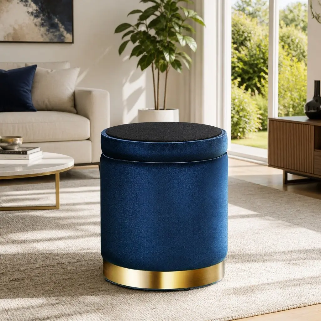 Navy Velvet Footstool with Hidden Storage