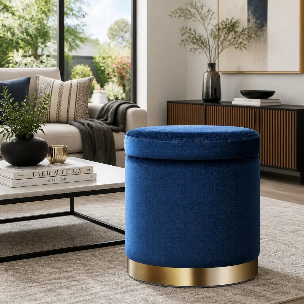 Ottoman Navy Velvet Storage Foot Stool Round Tufted Seat High Resilience