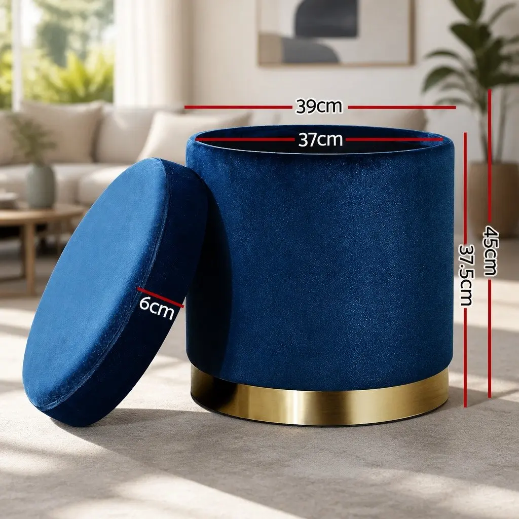Ottoman Navy Velvet Storage Foot Stool Round Tufted Seat High Resilience
