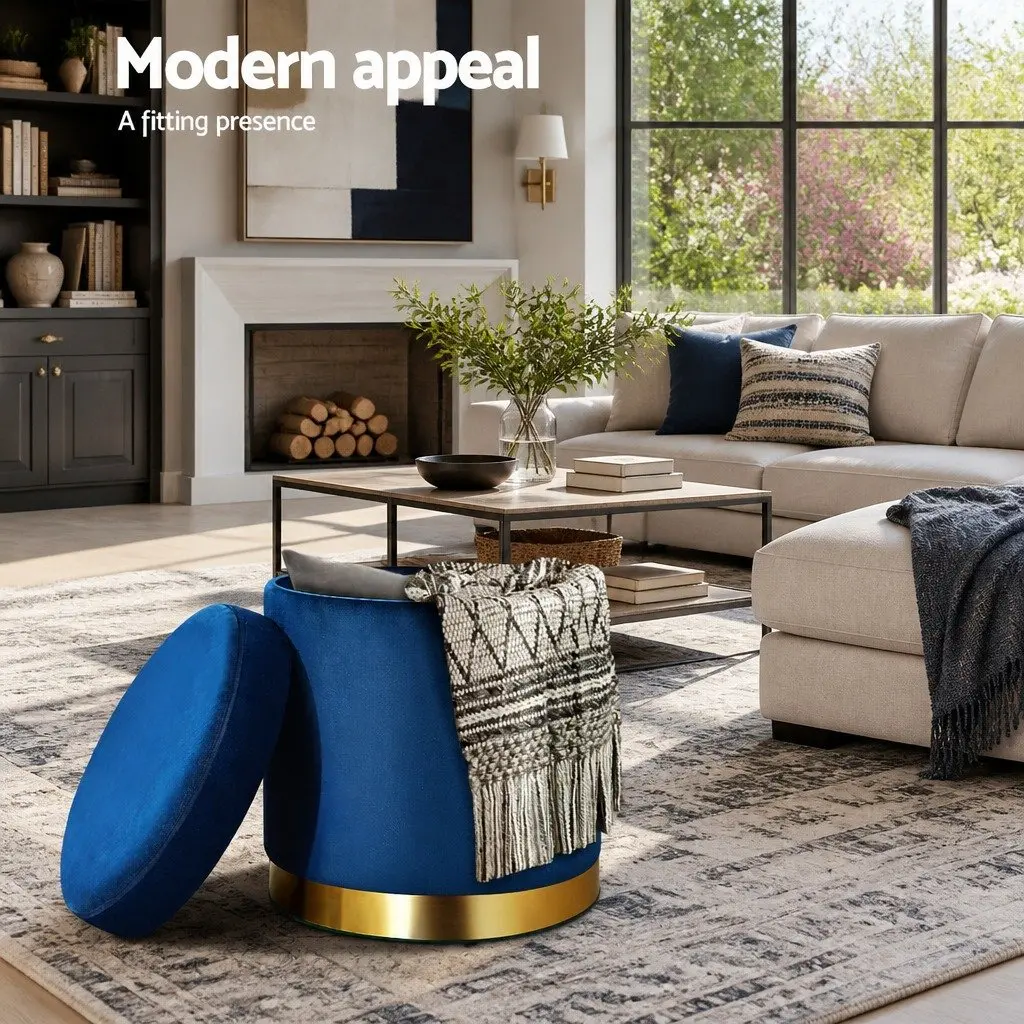 Ottoman Navy Velvet Storage Foot Stool Round Tufted Seat High Resilience