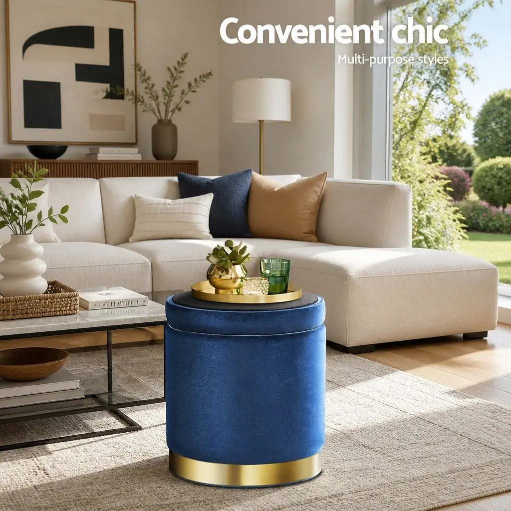 Ottoman Navy Velvet Storage Foot Stool Round Tufted Seat High Resilience
