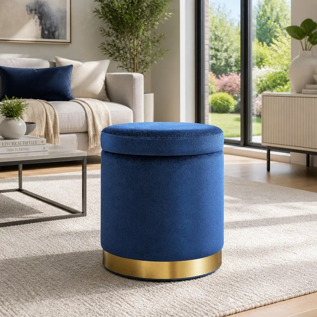 Ottoman Navy Velvet Storage Foot Stool Round Tufted Seat High Resilience