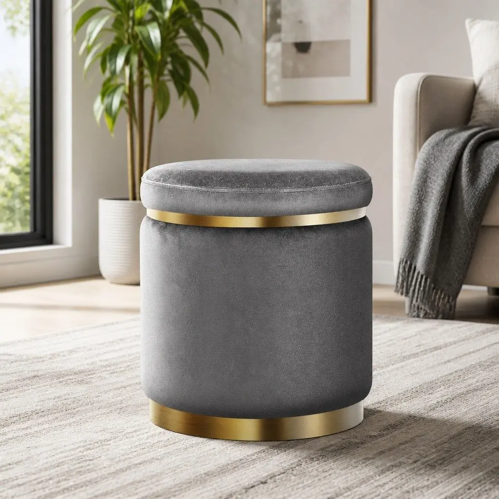 Ottoman Foot Stool Charcoal Grey Round Velvet Upholstered Seat Sturdy