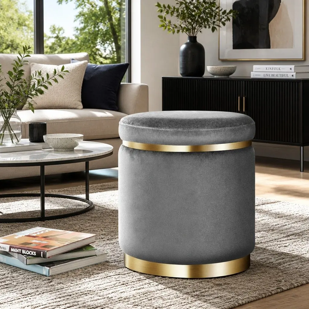 Ottoman Foot Stool Charcoal Grey Round Velvet Upholstered Seat Sturdy
