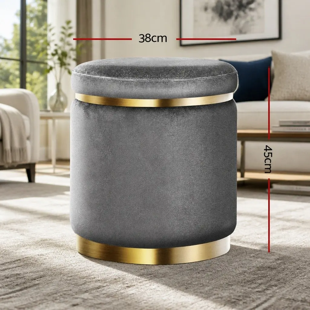 Ottoman Foot Stool Charcoal Grey Round Velvet Upholstered Seat Sturdy