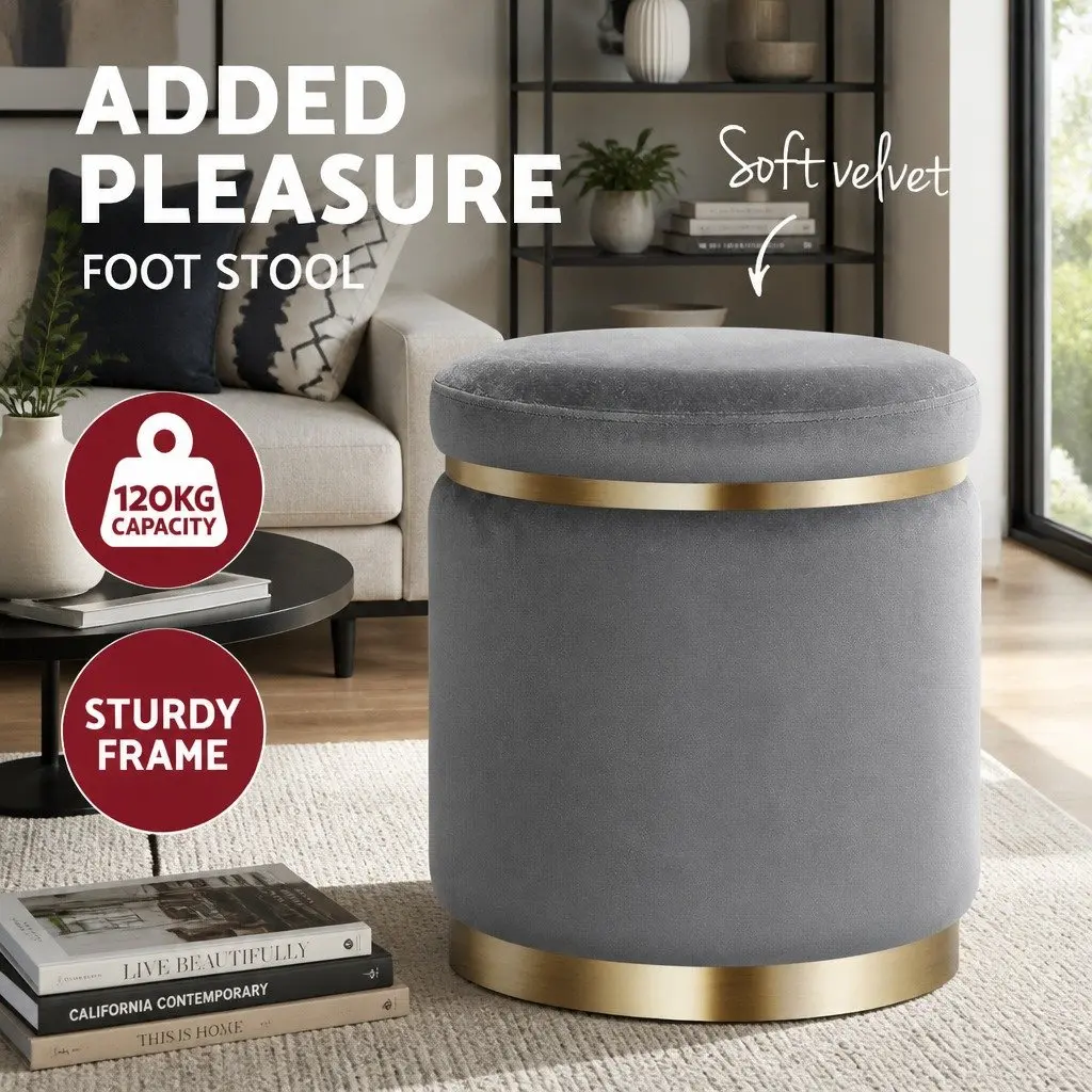 Ottoman Foot Stool Charcoal Grey Round Velvet Upholstered Seat Sturdy