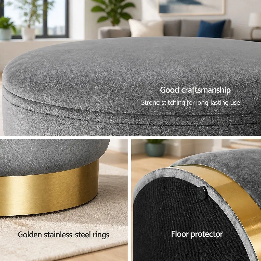 Ottoman Foot Stool Charcoal Grey Round Velvet Upholstered Seat Sturdy