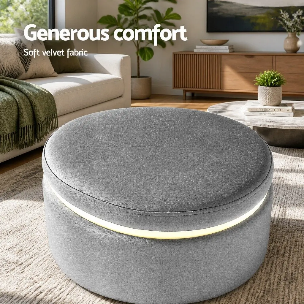 Ottoman Foot Stool Charcoal Grey Round Velvet Upholstered Seat Sturdy