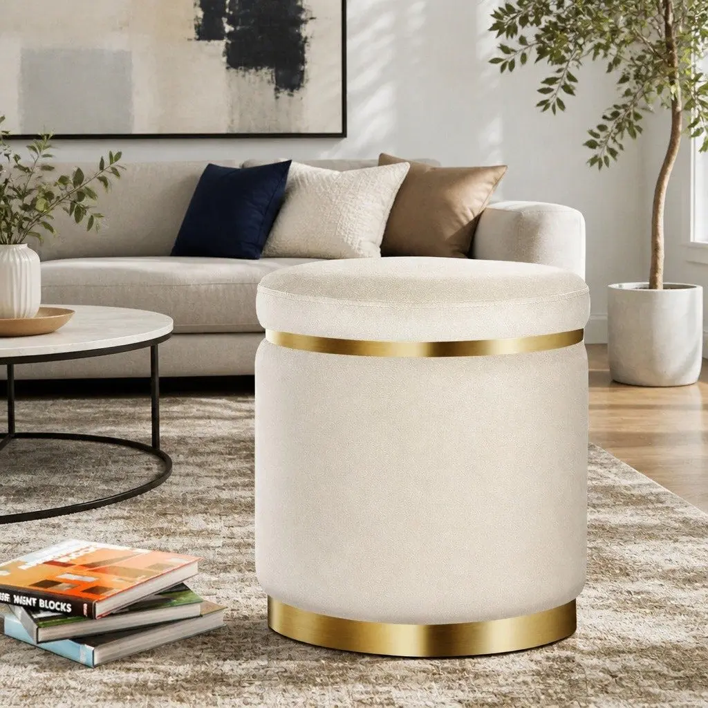 Ottoman Footstool Cream Round Velvet Upholstered Tufted Seating