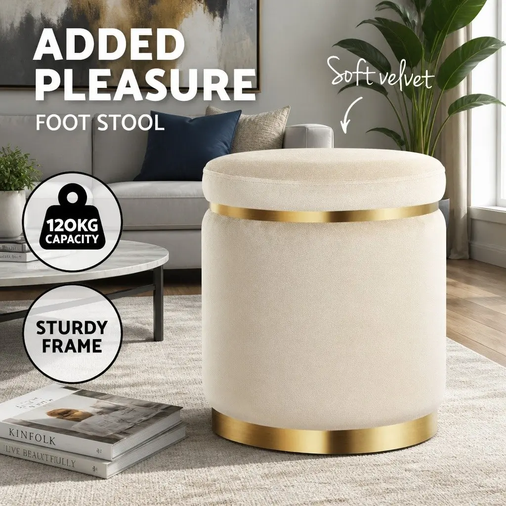 Ottoman Footstool Cream Round Velvet Upholstered Tufted Seating
