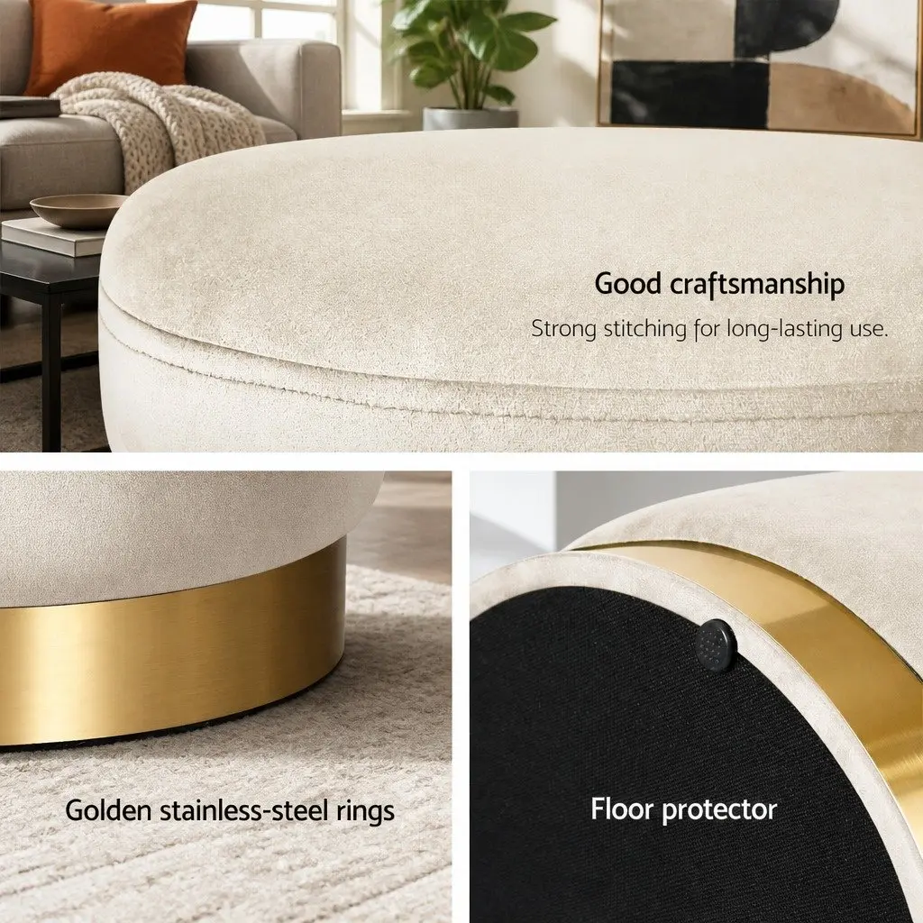 Ottoman Footstool Cream Round Velvet Upholstered Tufted Seating