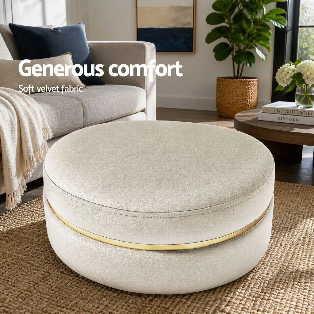 Ottoman Footstool Cream Round Velvet Upholstered Tufted Seating