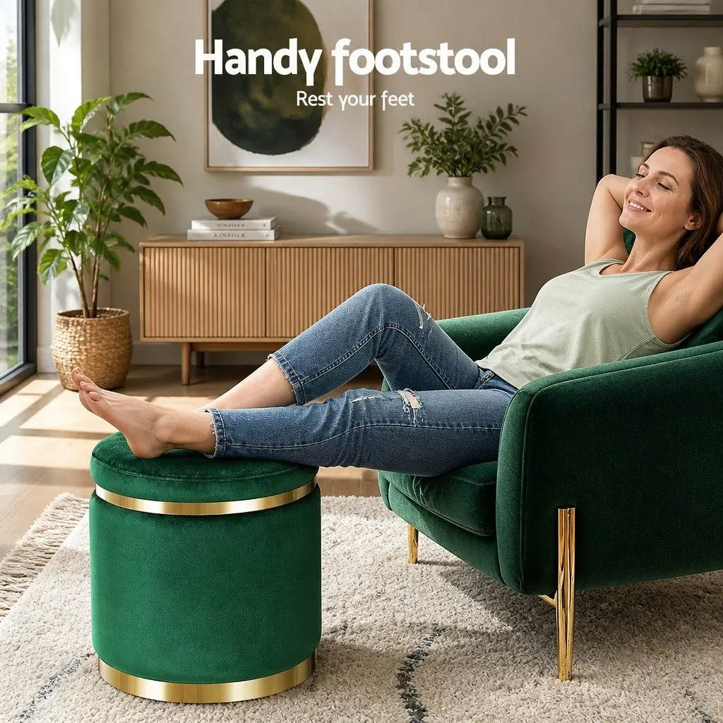 Round Ottoman Footstool Green Velvet Soft Seat Living Room Bedroom Furniture