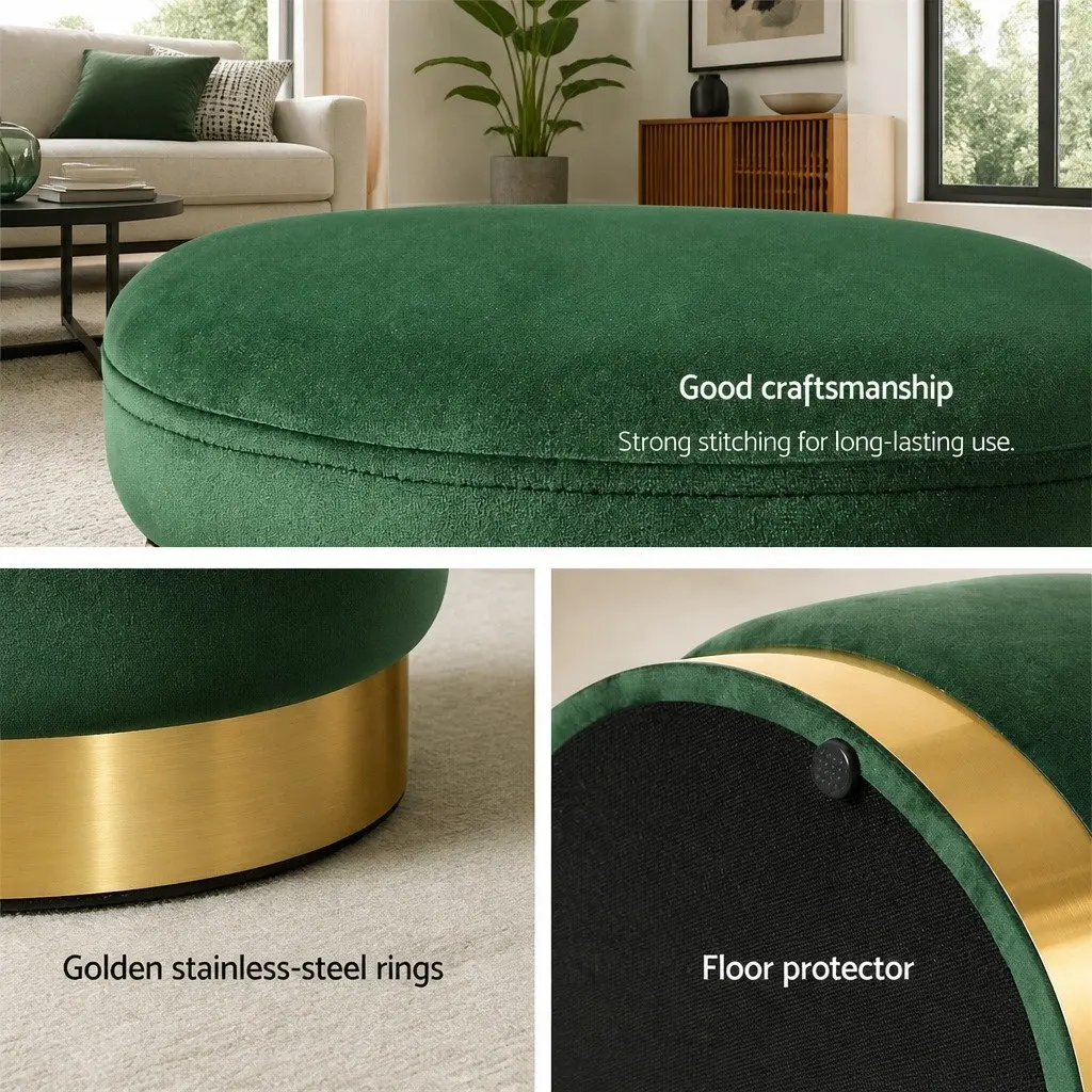 Round Ottoman Footstool Green Velvet Soft Seat Living Room Bedroom Furniture