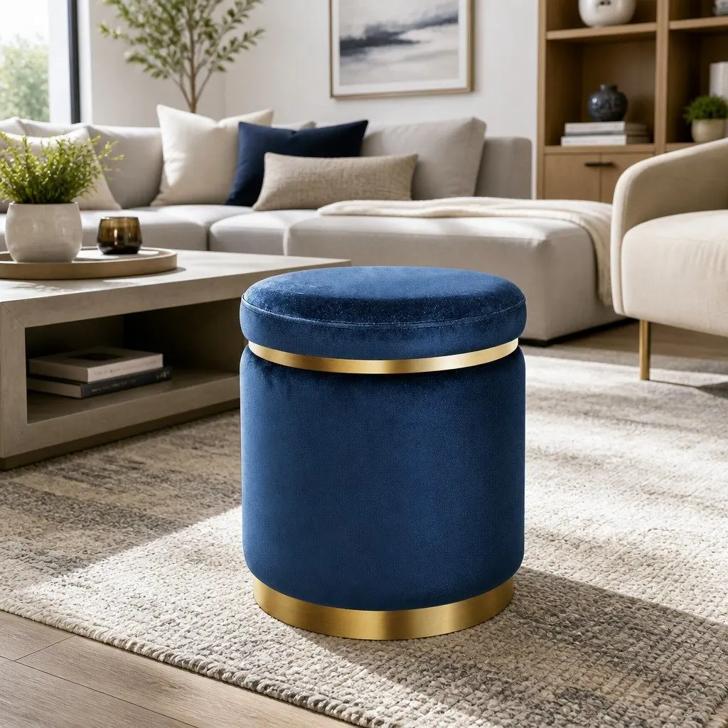 Navy Velvet Ottoman Foot Stool