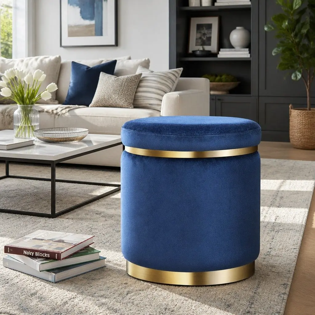 Ottoman Foot Stool Navy Round Velvet Tufted Seating for Living Room Bedroom