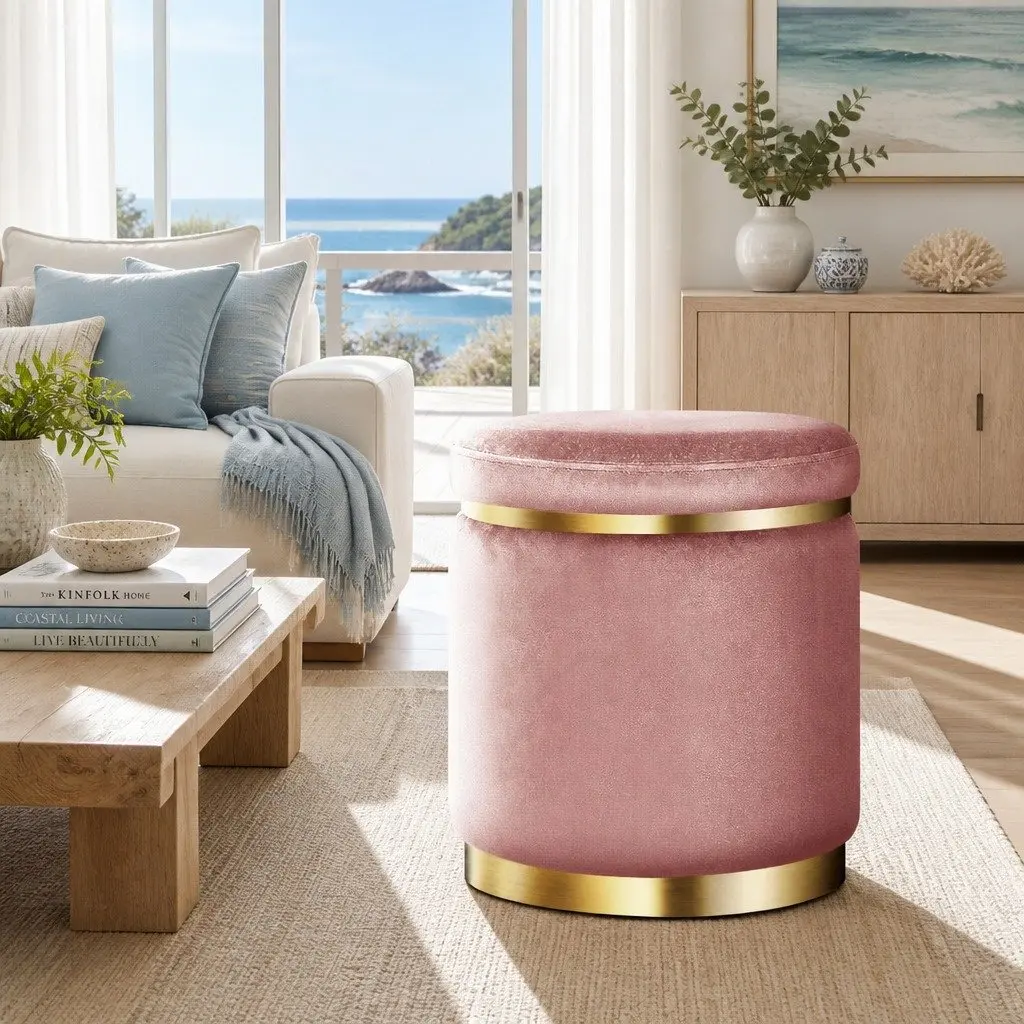 Ottoman Footstool Pink Velvet 38cm Tufted Seat with Gold Rings