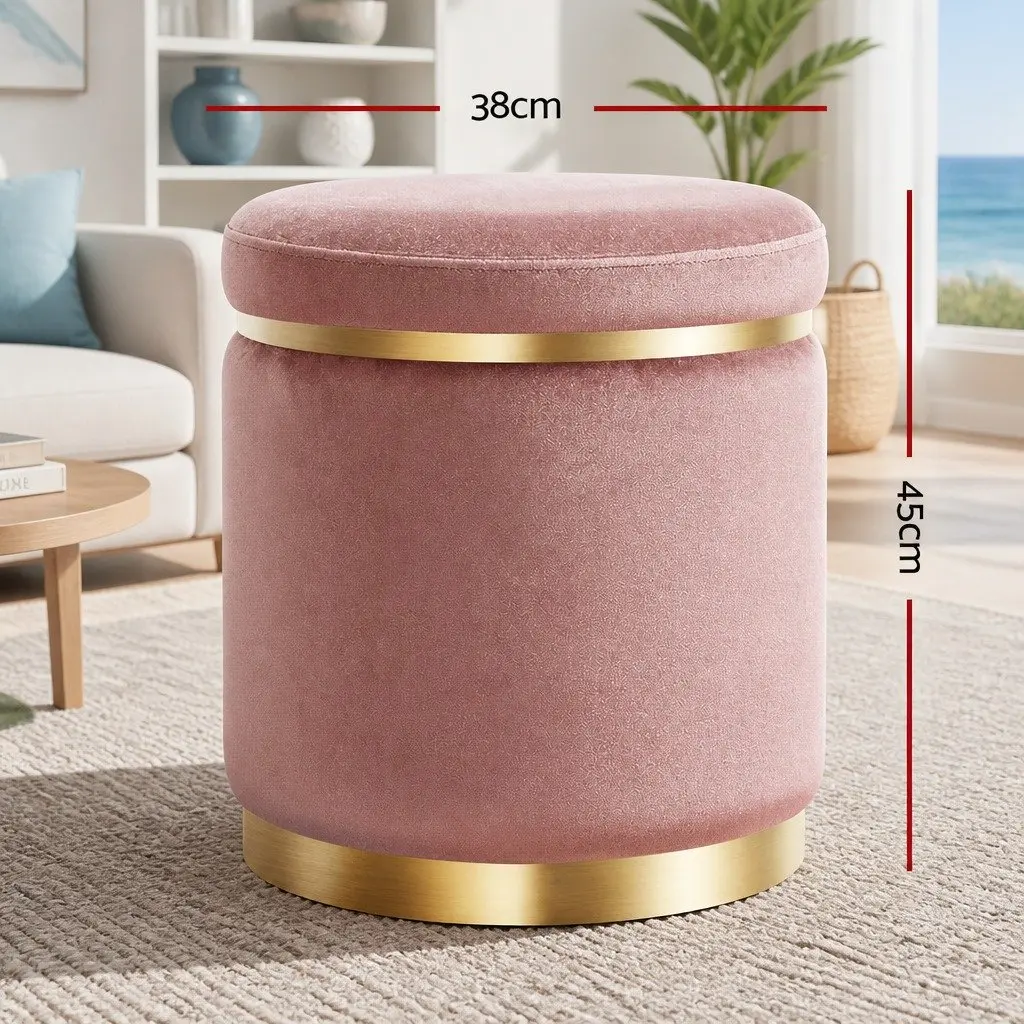 Ottoman Footstool Pink Velvet 38cm Tufted Seat with Gold Rings