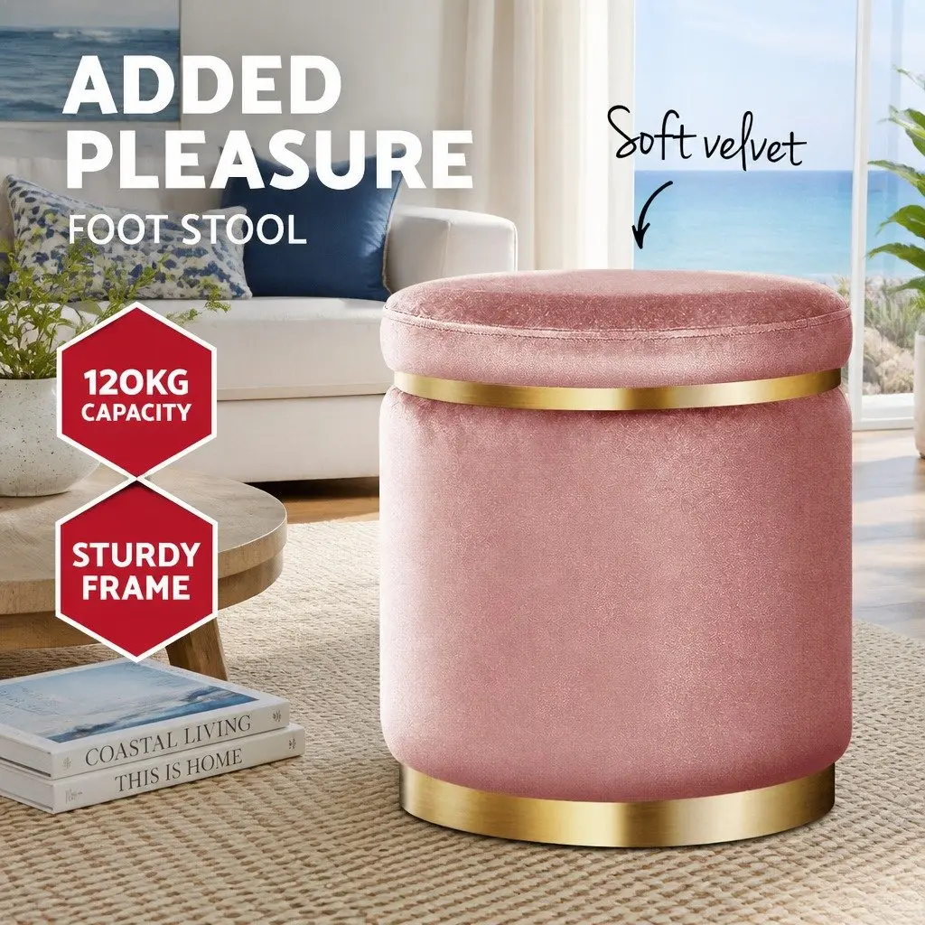 Ottoman Footstool Pink Velvet 38cm Tufted Seat with Gold Rings