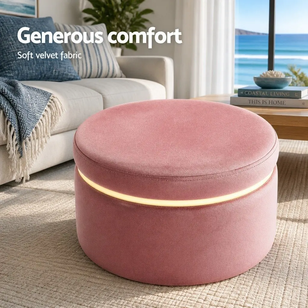 Ottoman Footstool Pink Velvet 38cm Tufted Seat with Gold Rings