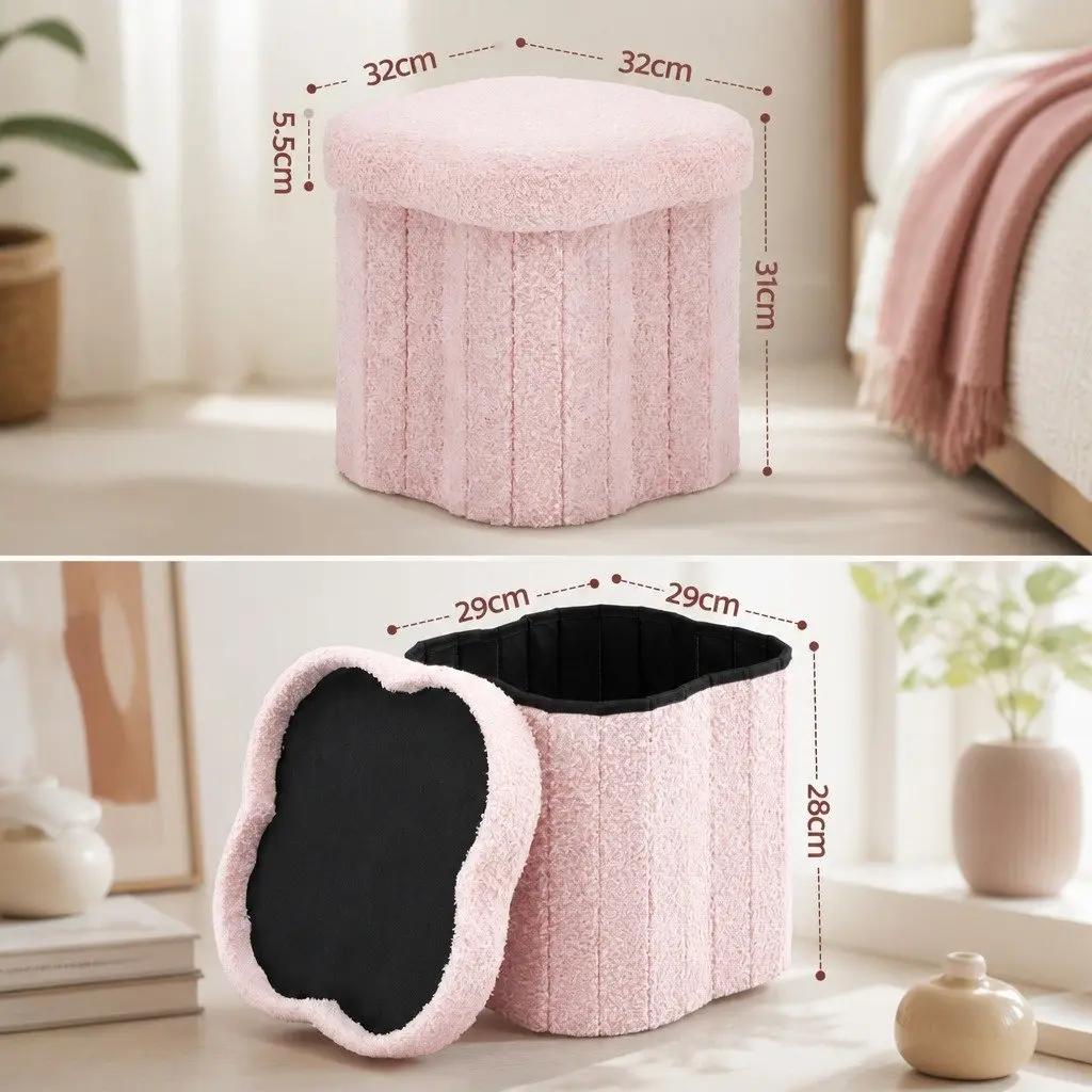 Storage Ottoman Foot Stool Foldable Pink Boucle Fabric Hidden Compartment
