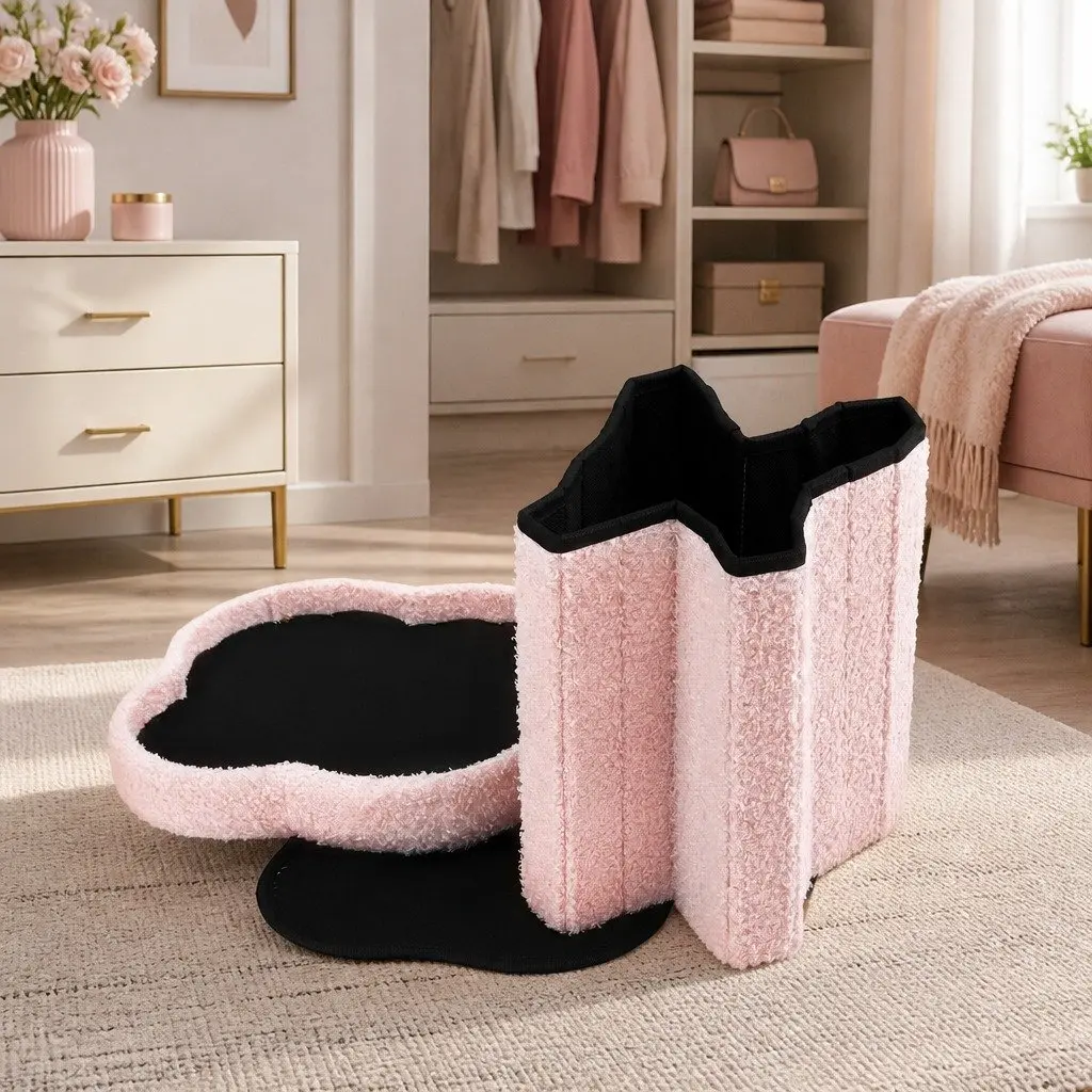 Storage Ottoman Foot Stool Foldable Pink Boucle Fabric Hidden Compartment