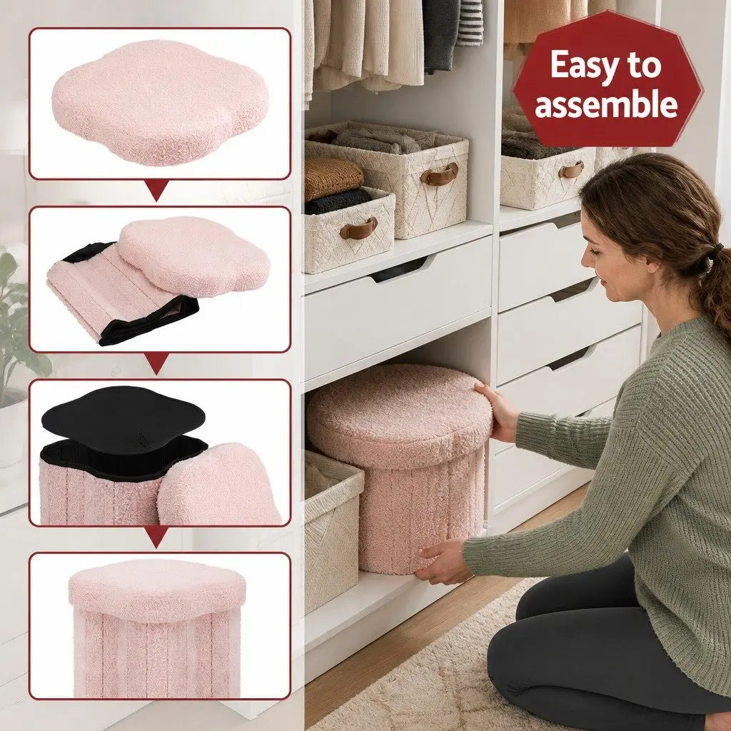 Storage Ottoman Foot Stool Foldable Pink Boucle Fabric Hidden Compartment