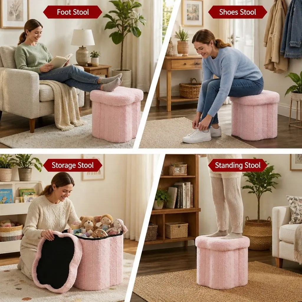Storage Ottoman Foot Stool Foldable Pink Boucle Fabric Hidden Compartment
