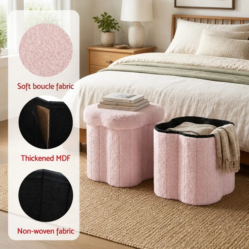 Storage Ottoman Foot Stool Foldable Pink Boucle Fabric Hidden Compartment