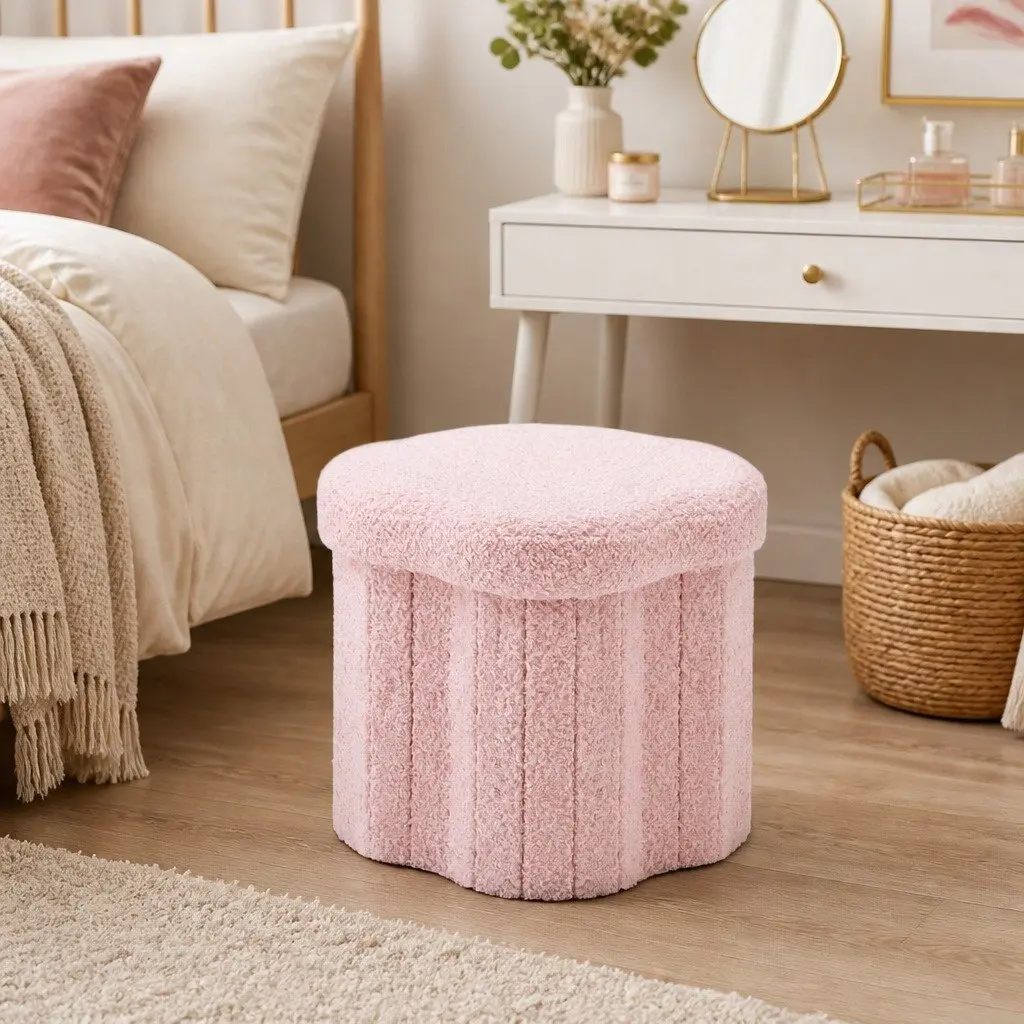 Storage Ottoman Foot Stool Foldable Pink Boucle Fabric Hidden Compartment
