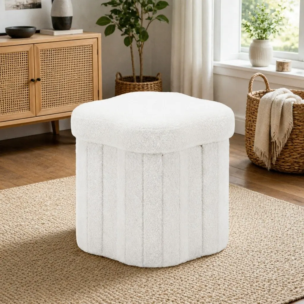 White Boucle Storage Ottoman for Easy Use