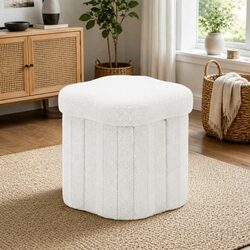 Storage Ottoman Foot Stool Foldable White Boucle Seat Hidden Organiser