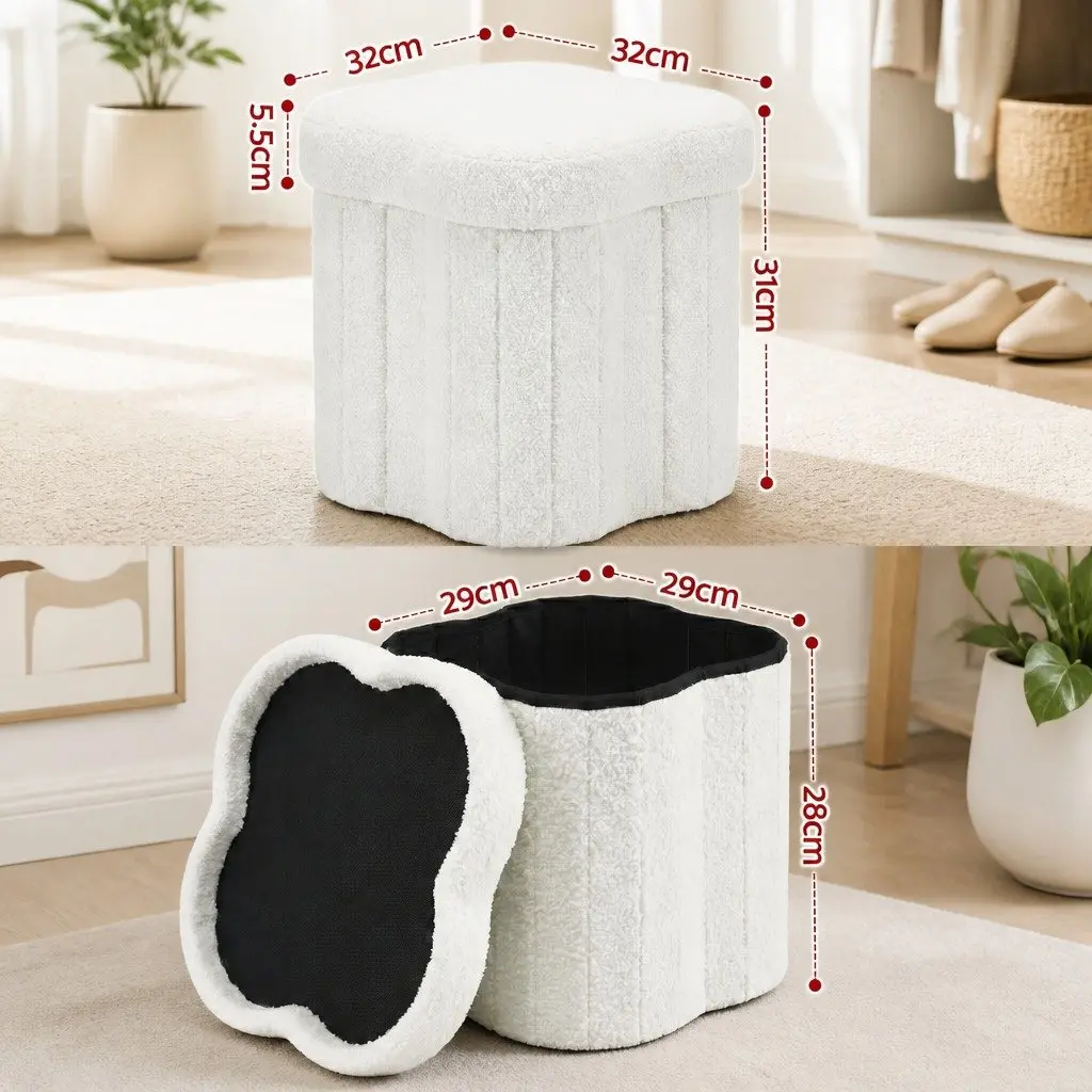 Storage Ottoman Foot Stool White Boucle Foldable Hidden Organiser