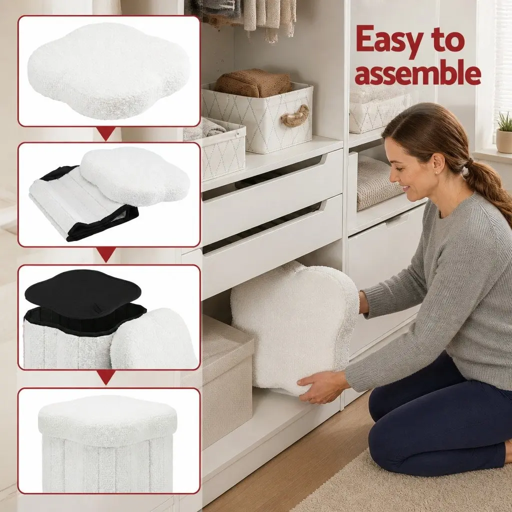 Storage Ottoman Foot Stool White Boucle Foldable Hidden Organiser