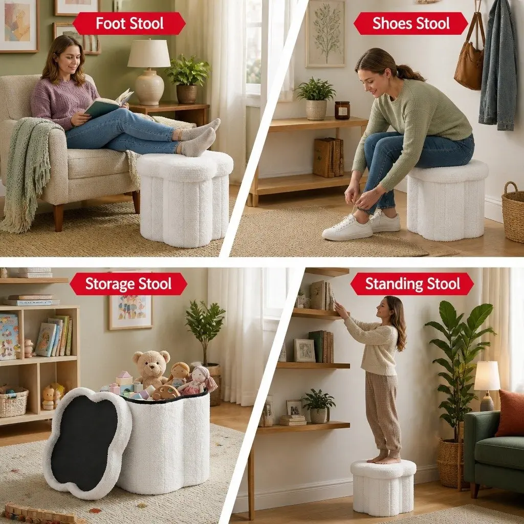 Storage Ottoman Foot Stool White Boucle Foldable Hidden Organiser