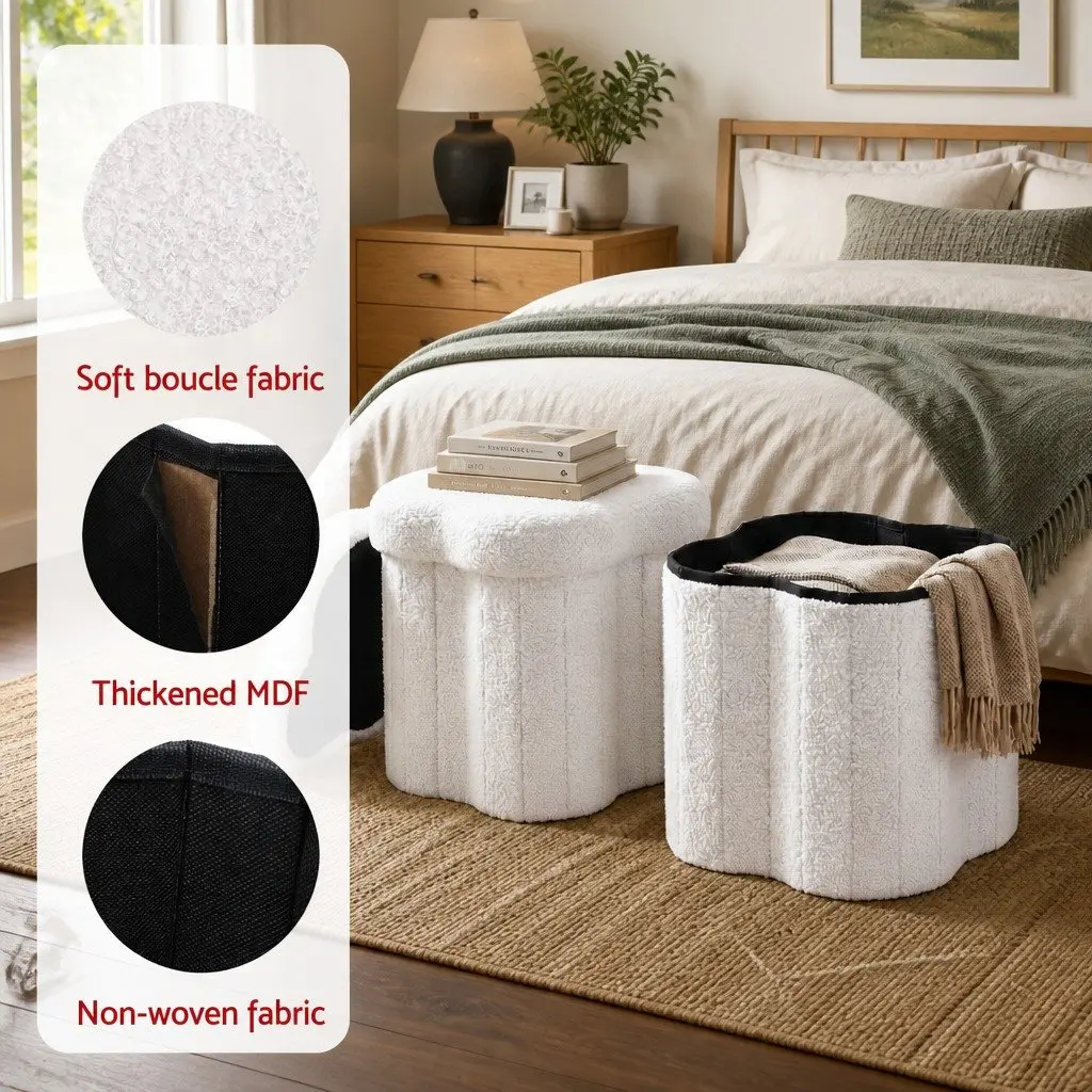Storage Ottoman Foot Stool White Boucle Foldable Hidden Organiser