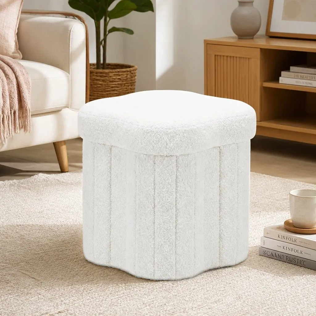 Storage Ottoman Foot Stool White Boucle Foldable Hidden Organiser