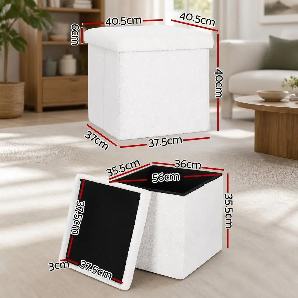 Ottoman Storage Foot Stool White Square Boucle Fabric Soft Surface Hidden Compartment